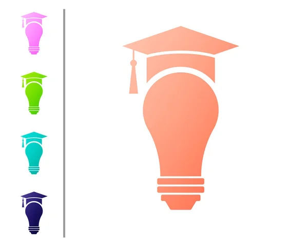 Coral Light bulb and graduation cap icon isolated on white background. University Education concept. Set color icons. Vector Illustration — Stock Vector