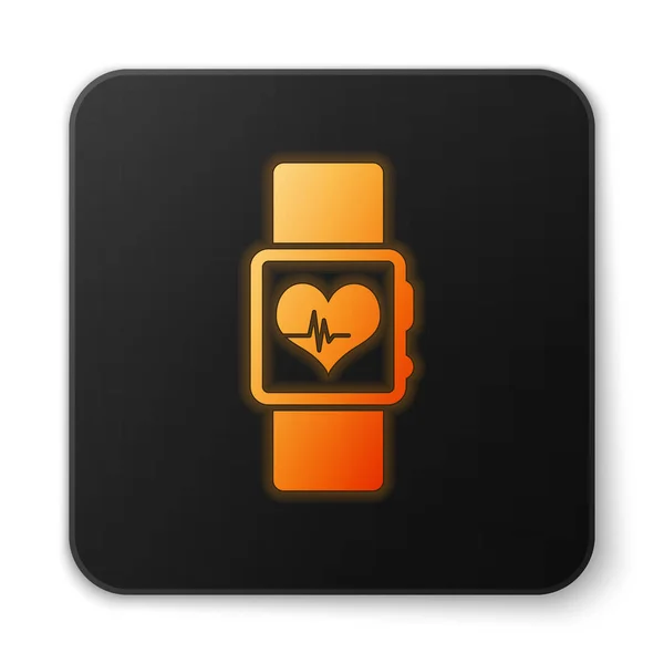 Orange leuchtende Smart Watch mit Herzschlagsymbol auf weißem Hintergrund. Fitness App-Konzept. schwarzer quadratischer Knopf. Vektorillustration — Stockvektor