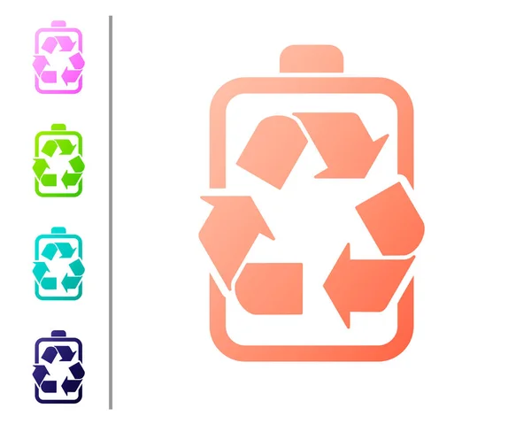 Bateria de Coral com ícone de linha de símbolo de reciclagem isolado no fundo branco. Bateria com símbolo de reciclagem - conceito de energia renovável. Definir ícones de cor. Ilustração vetorial — Vetor de Stock