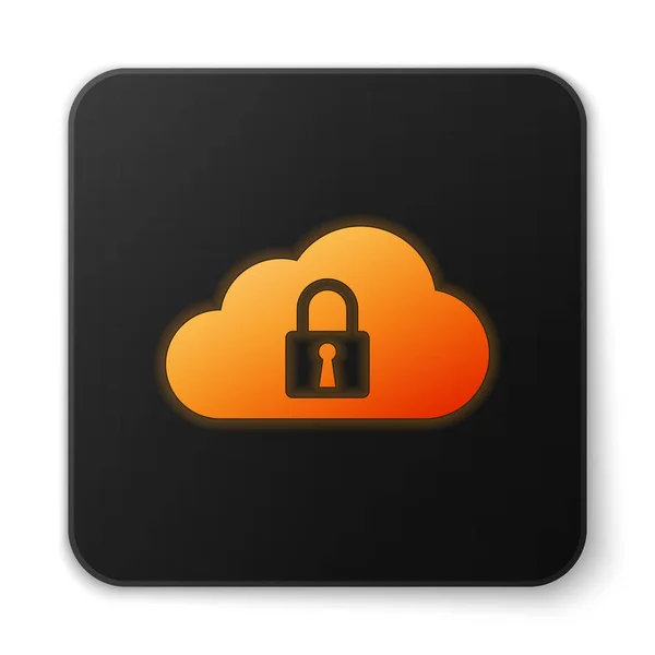 Laranja brilhante ícone de bloqueio de computação em nuvem isolado no fundo branco. Segurança, segurança, proteção conceito. Botão quadrado preto. Ilustração vetorial —  Vetores de Stock