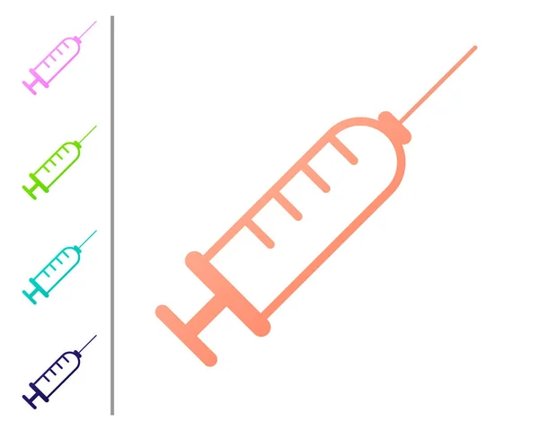Ikona Coral strzykawki na białym tle. Strzykawka do szczepionki, szczepienia, wstrzyknięcia, grypa strzał. Sprzęt medyczny. Ustawianie ikon kolorów. Ilustracja wektorowa — Wektor stockowy