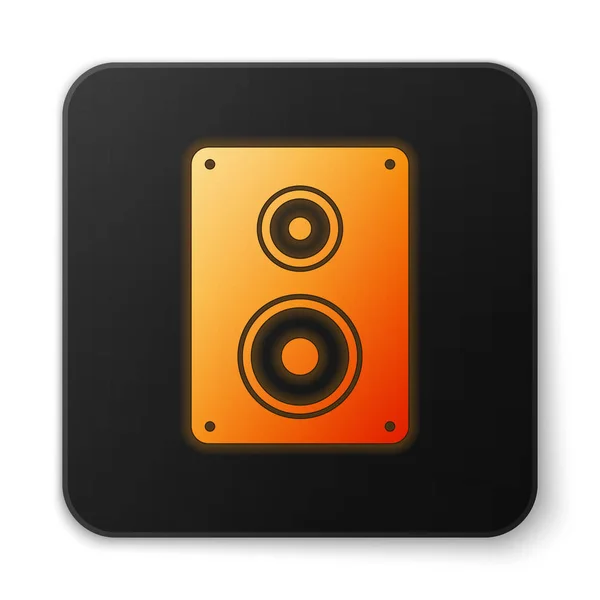 Icono de altavoz estéreo brillante naranja aislado sobre fondo blanco. Altavoces del sistema de sonido. Icono musical. Equipo de altavoz de columna musical bajo. Botón cuadrado negro. Ilustración vectorial — Vector de stock