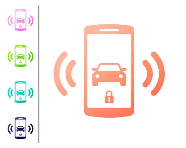 Icono del sistema de alarma de coche Coral Smart aislado sobre fondo blanco. El teléfono inteligente controla la seguridad del coche en el inalámbrico. Establecer iconos de color. Ilustración vectorial — Archivo Imágenes Vectoriales