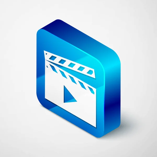 Isometric Movie Clapper icon diisolasi pada latar belakang putih. Film clapper board icon. Tanda papan selancar. Produksi film atau konsep industri media. Tombol persegi biru. Ilustrasi Vektor - Stok Vektor