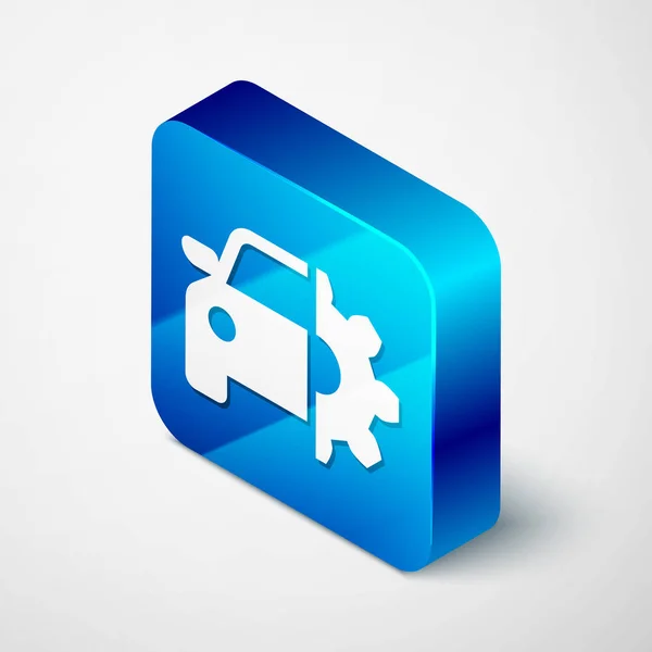 Icono de servicio de coche isométrico aislado sobre fondo blanco. Servicio mecánico automático. Servicio mecánico. Servicio de reparación mecánico de automóviles. Signo de mantenimiento. Botón cuadrado azul. Ilustración vectorial — Vector de stock