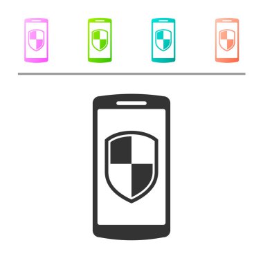 Gri Smartphone, beyaz arka planda izole güvenlik kalkanı simgesi ile cep telefonu. Renk düğmelerinde simgeyi ayarlayın. Vektör Illustration
