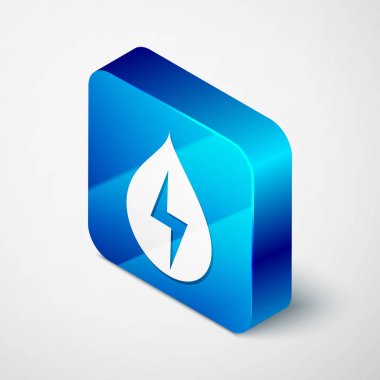 Beyaz arka planda yalıtılmış izometrik su enerjisi simgesi. Su damlacık ile ekoloji kavramı. Alternatif enerji konsepti. Mavi kare düğmesi. Vektör Illustration