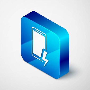 Isometrik Smartphone şarj pil simgesi beyaz arka planda izole. Düşük pil şarjı ile telefon. Mavi kare düğmesi. Vektör Illustration