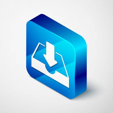 Isometrik Download gelen kutusu simgesi beyaz arka planda yalıtılmış. Mavi kare düğmesi. Vektör Illustration