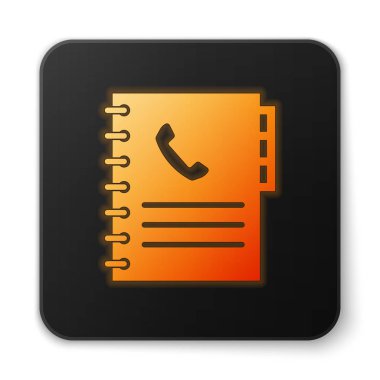 Beyaz arka planda izole turuncu parlayan telefon rehberi simgesi. Adres defteri. Telefon rehberi. Düz tasarım. Siyah kare düğmesi. Vektör Illustration