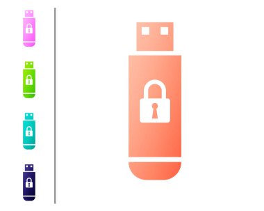 Beyaz arka planda izole kapalı asma kilit simgesi ile mercan USB flash sürücü. Güvenlik, emniyet, koruma konsepti. Renk simgeleri ayarlayın. Vektör Illustration