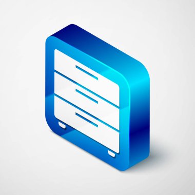 Isometrik mobilya gece standı simgesi beyaz arka planda izole. Mavi kare düğmesi. Vektör Illustration