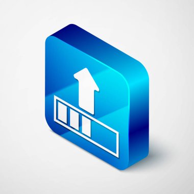 Beyaz arka planda yalıtılmış izometrik yükleme simgesi. Karşıya yükleme devam ediyor. İlerleme çubuğu simgesi. Mavi kare düğmesi. Vektör Illustration