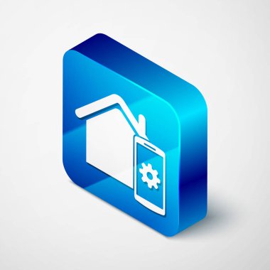 İzometrik akıllı ev-beyaz arka planda izole uzaktan kumanda sistemi simgesi. Mavi kare düğmesi. Vektör Illustration