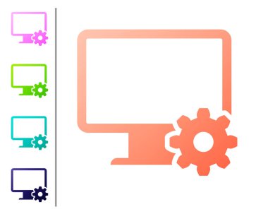 Mercan bilgisayar monitörü ve dişli simgesi beyaz arka planda izole. Uygulamayı ayarlama, seçenekleri ayarlama, bakım, onarım, monitör kavramlarını sabitleme. Renk düğmelerinde simgeyi ayarlayın. Vektör Illustration
