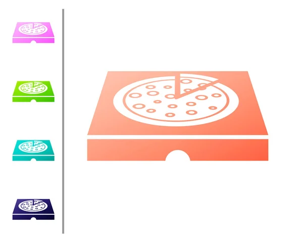 Coral Pizza no ícone da caixa de papelão isolado no fundo branco. Caixa com elementos de layout. Definir ícones de cor. Ilustração vetorial — Vetor de Stock