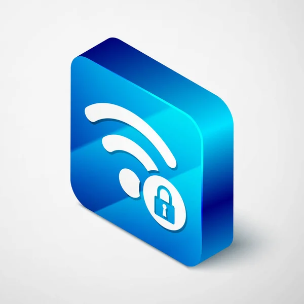 Icono de signo bloqueado Wifi isométrico aislado sobre fondo blanco. Contraseña símbolo Wi-Fi. Icono de red inalámbrica. Zona Wifi. Botón cuadrado azul. Ilustración vectorial — Archivo Imágenes Vectoriales