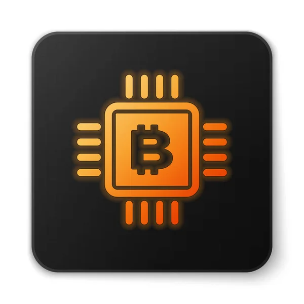 Ícone de fazenda de mineração de CPU laranja brilhante isolado no fundo branco. Bitcoin assinar dentro de microchip. Comunidade mineira criptomoeda. Dinheiro digital. Botão quadrado preto. Ilustração vetorial —  Vetores de Stock