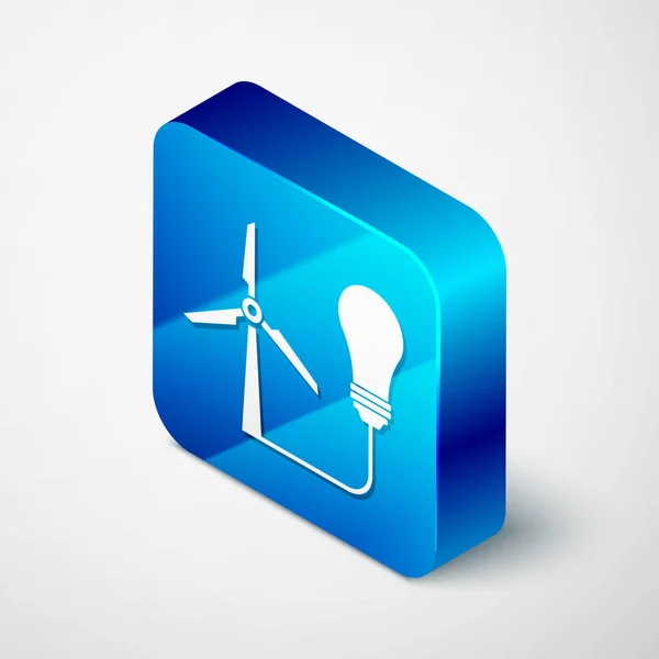 Bombilla isométrica con turbina eólica como idea de fuente ecológica de energía icono aislado sobre fondo blanco. Concepto de energía alternativa. Botón cuadrado azul. Ilustración vectorial — Vector de stock