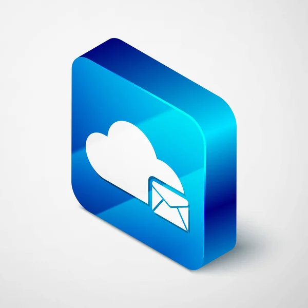 Izometrikus Cloud mail szerver ikon elszigetelt fehér háttér. Felhő szerver hosting e-mailre. Online üzenetszolgáltatás. Postafiók-jel. Kék négyzet gombot. Vektoros illusztráció — Stock Vector