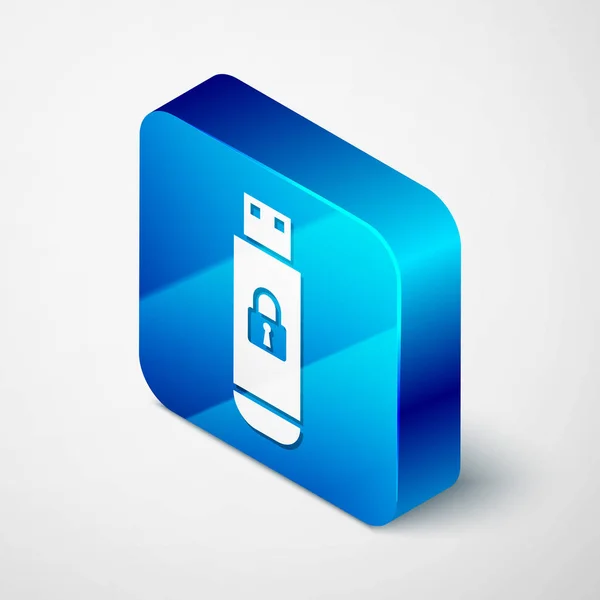 Chiavetta USB isometrica con icona a lucchetto chiuso isolata su sfondo bianco. Sicurezza, concetto di protezione. Pulsante quadrato blu. Illustrazione vettoriale — Vettoriale Stock