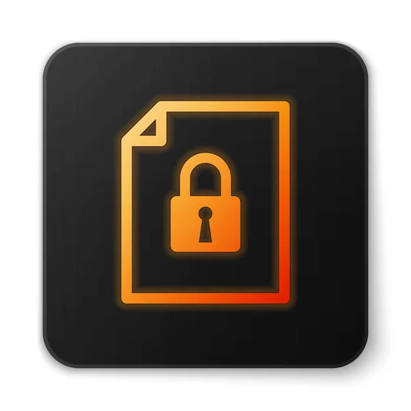 Orange glödande dokument och lås ikonen isolerad på vit bakgrund. Fil format och hänglås. Säkerhet, säkerhet, skydds koncept. Svarta fyr Kants knappen. Vektor illustration — Stock vektor