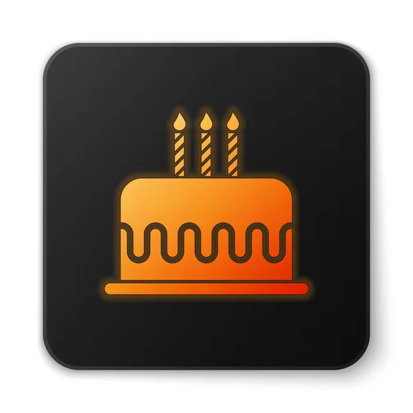 Orange glühender Kuchen mit brennenden Kerzen auf weißem Hintergrund. Alles Gute zum Geburtstag. schwarzer quadratischer Knopf. Vektorillustration — Stockvektor