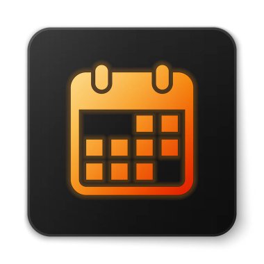 Beyaz arka planda izole turuncu parlayan takvim simgesi. Siyah kare düğmesi. Vektör Illustration