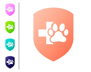 Mercan hayvan sağlık sigortası simgesi beyaz arka planda izole. Pet koruma simgesi. Köpek veya kedi pençe baskı. Renk simgeleri ayarlayın. Vektör Illustration