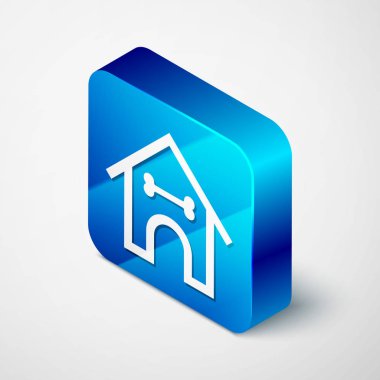 İzometrik Köpek ev ve kemik simgesi beyaz arka plan üzerinde izole. Köpek kulübesi. Mavi kare düğmesi. Vektör İllüstrasyonu