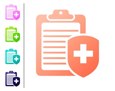 Beyaz arka planda izole sağlık sigortası simgesi ile Coral Pano. Hasta koruma. Pano ve kalkan bir sembol sigorta olarak bir haç ile. Simgeyi renk düğmelerinde ayarlayın. Vektör İllüstrasyonu