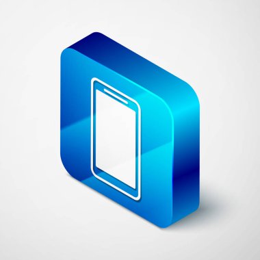 Isometric Smartphone, beyaz arkaplanda izole edilmiş bir cep telefonu simgesi. Mavi kare düğme. Vektör İllüstrasyonu