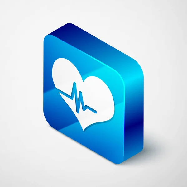 Isometric Heart rate icon isolated on white background. Heartbeat sign. Heart pulse icon. Cardiogram icon. Blue square button. Vector Illustration — Stock Vector