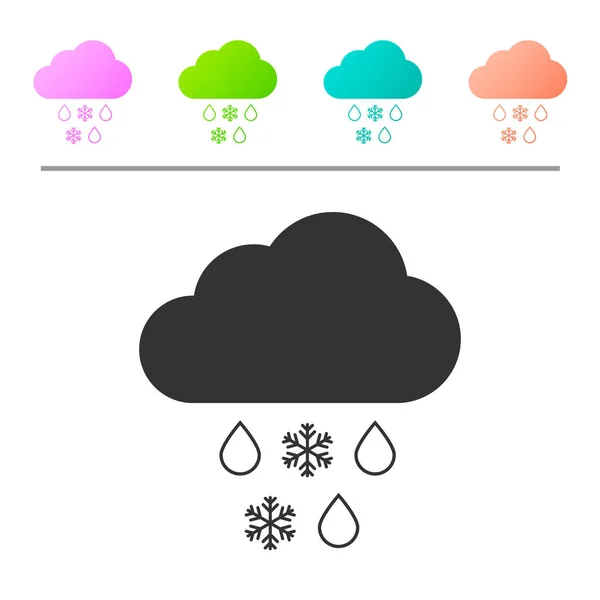 白い背景に隔離された雪と雨のアイコンと灰色の雲。天気アイコン。カラーボタンにアイコンを設定します。ベクトルイラストレーション — ストックベクタ