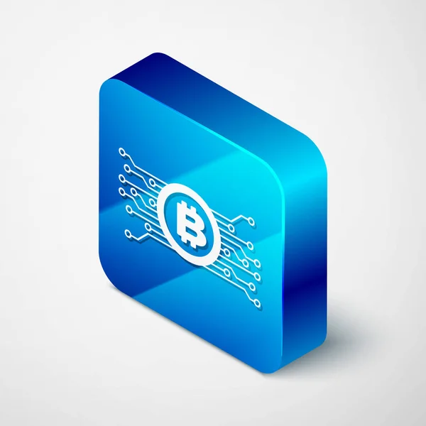 Isometrische Cryptogeld concept bitcoin in cirkel met microchip circuit icoon geïsoleerd op witte achtergrond. Blockchain-technologie, digitale geldmarkt. Blauwe vierkante knop. Vector illustratie — Stockvector