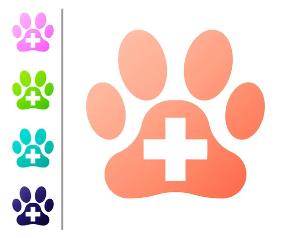 サンゴ獣医クリニックのシンボルアイコンは、白い背景に隔離されています。病院の看板を越える定型化された足のプリント犬や猫。ペット応急処置の看板。カラーアイコンを設定します。ベクトルイラストレーション — ストックベクタ
