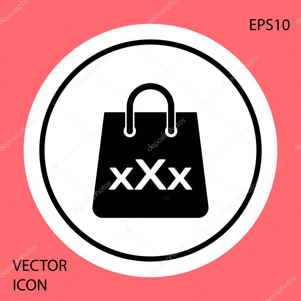 Black Shopping bag with a triple X icon isolated on red background. White circle button. Vector Illustration