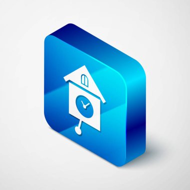 Beyaz arka planda izole edilmiş İzometrik Retro duvar saat simgesi. Guguklu saat işareti. Antika sarkaçlı saat. Mavi kare düğmesi. Vektör İllüstrasyonu