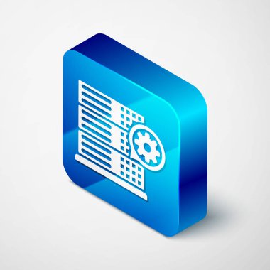 İzometrik Sunucu ve dişli simgesi beyaz arka plan üzerinde yalıtılmış. Uygulama, servis konsepti, ayar seçenekleri, bakım, onarım, sabitleme ayarlama. Mavi kare düğmesi. Vektör İllüstrasyonu