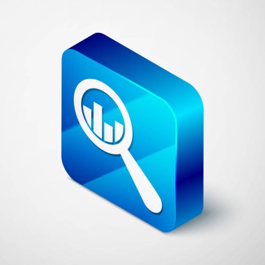 İzometrik Büyüteç ve veri analizi simgesi beyaz arka plan üzerinde izole. Mavi kare düğmesi. Vektör İllüstrasyonu