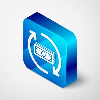 Beyaz arka planda yalıtılmış İzometrik İade para simgesi. Finansal hizmetler, nakit iade kavramı, para iadesi, yatırım getirisi, tasarruf hesabı. Mavi kare düğmesi. Vektör İllüstrasyonu