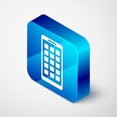 Beyaz arka planda yalıtılmış İzometrik Mobil Uygulamalar simgesi. Ekran simgeleri, uygulamaları ile akıllı telefon. ekran gösteren cep telefonu. Mavi kare düğmesi. Vektör İllüstrasyonu