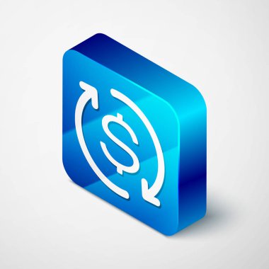 Beyaz arka planda yalıtılmış yatırım simgesinin İzometrik Getirisi. Para dönüştürme simgesi. İade işareti. Dolar dönüştürücü kavramı. Mavi kare düğmesi. Vektör İllüstrasyonu