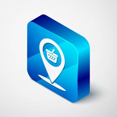 Beyaz arka planda yalıtılmış alışveriş sepeti simgesine sahip İzometrik Harita işaretçisi. Pin point dükkanı ve alışveriş. Süpermarket sepeti sembolü. Mavi kare düğmesi. Vektör İllüstrasyonu