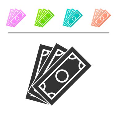 Gri Yığınları kağıt para nakit simgesi beyaz arka plan üzerinde izole. Para banknotları yığınları. Fatura para birimi. Simgeyi renk düğmelerinde ayarlayın. Vektör İllüstrasyonu