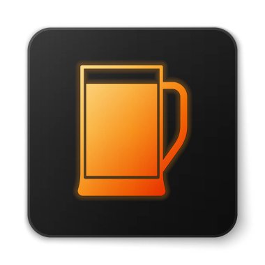 Turuncu parlayan Cam bira simgesi beyaz arka plan üzerinde izole. Siyah kare düğme. Vektör İllüstrasyonu
