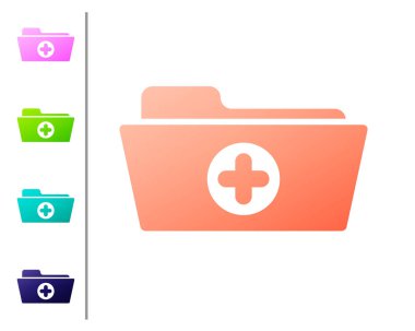 Beyaz arka planda yalıtılmış sağlık simgesi için Coral Medical sistem durumu kayıt klasörü. Hasta dosya simgesi. Tıbbi tarih sembolü. Renk simgelerini ayarlayın. Vektör İllüstrasyonu