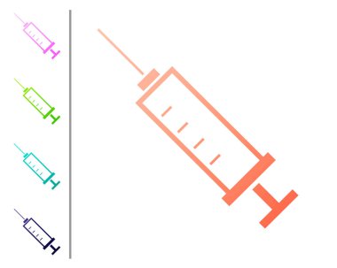 Beyaz arka planda izole mercan şırınga simgesi. Aşı, aşılama, enjeksiyon, grip atışı için şırınga. Tıbbi ekipmanlar. Renk simgeleri ayarlayın. Vektör Illustration