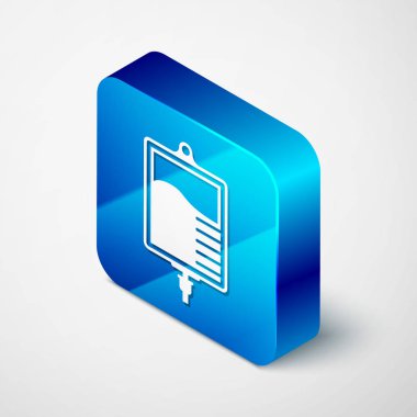 İzometrik Iv çanta simgesi beyaz arka plan üzerinde izole. Kan torbası simgesi. Bağış kan kavramı. Tedavi ve tedavi kavramı, kemoterapi. Mavi kare düğmesi. Vektör İllüstrasyonu