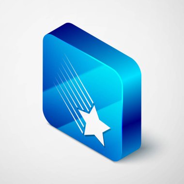 Beyaz arka planda izole edilen ısometrik Falling Star simgesi. Yıldız izi ile yıldız çekim. Meteoroid, meteorit, Comet, asteroid, yıldız simgesi. Mavi kare düğmesi. Vektör Illustration